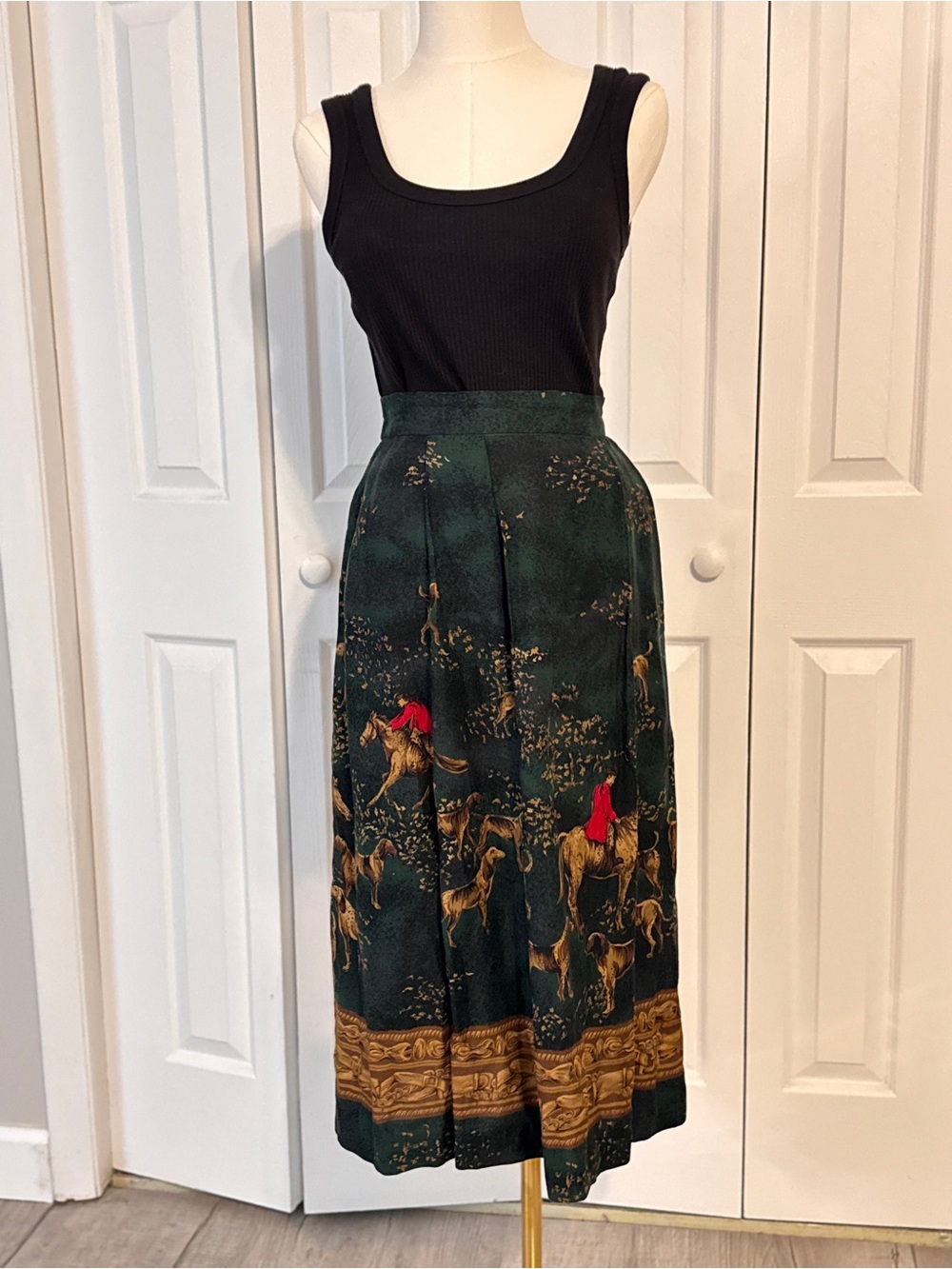 Vintage Talbots petites Dark Green Equestrian Print Midi Skirt fall size 12